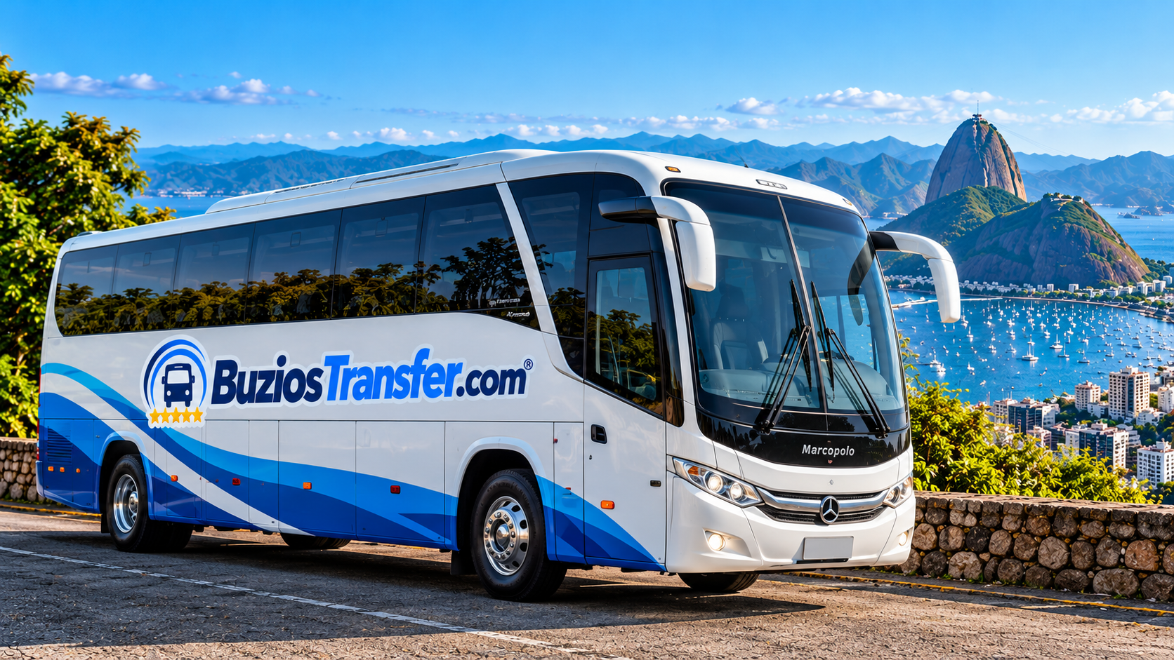 Microbús turístico BuziosTransfer con diseño azul y blanco para transfer privado de hasta 25 pasajeros