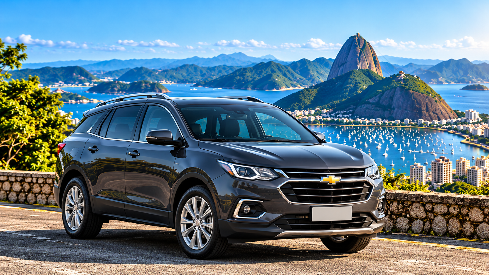 SUV Chevrolet familiar para transfer privado de 4 a 5 pasajeros con paisaje de Río de Janeiro
